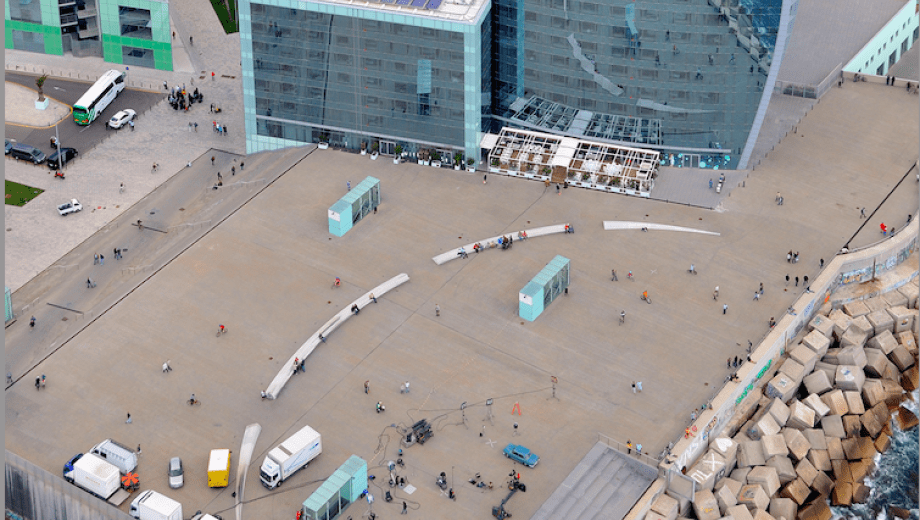  Aerial view of Plaça Rosa dels Vents and W Barcelona hotel.